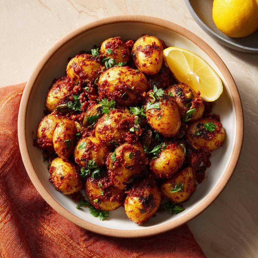Würzige Babykartoffeln Masala mit Zitrone, in einer Schüssel serviert, garniert mit frischer Petersilie