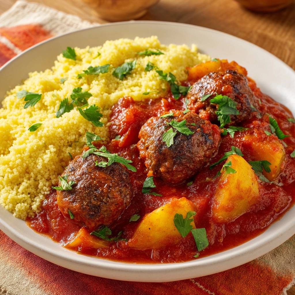 Saftige Fleischbällchen mit Couscous und Kartoffeln auf einem Teller, mit frischer Petersilie garniert und in einer Tomatensoße serviert.