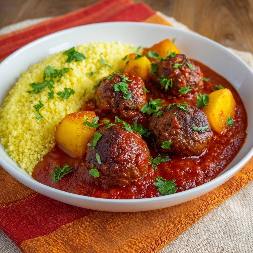Saftige Fleischbällchen mit Couscous und Kartoffeln in Tomatensauce, nahaufnahme mit frischer Petersilie garniert.