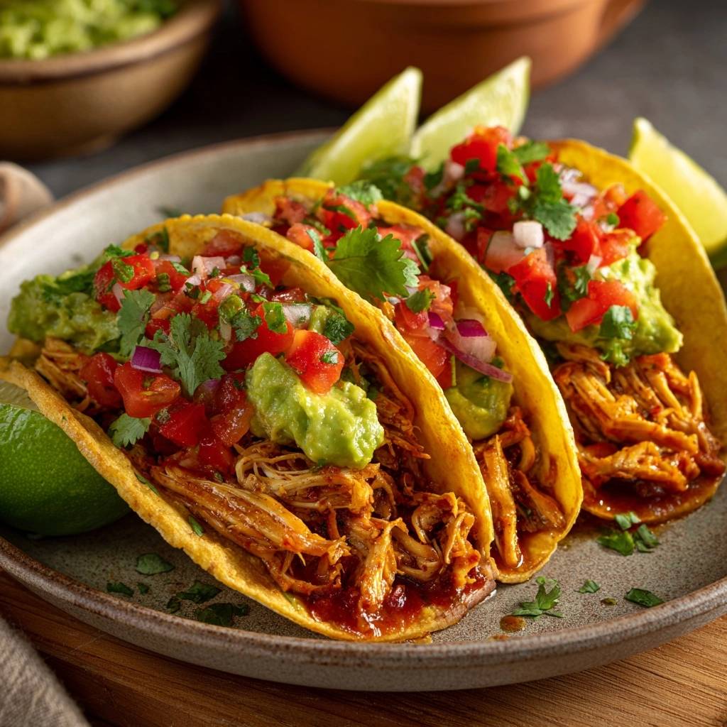 Saftige Pulled Chicken Tacos auf einem Teller mit Guacamole, Pico de Gallo und Limettenspalten, Nahaufnahme.