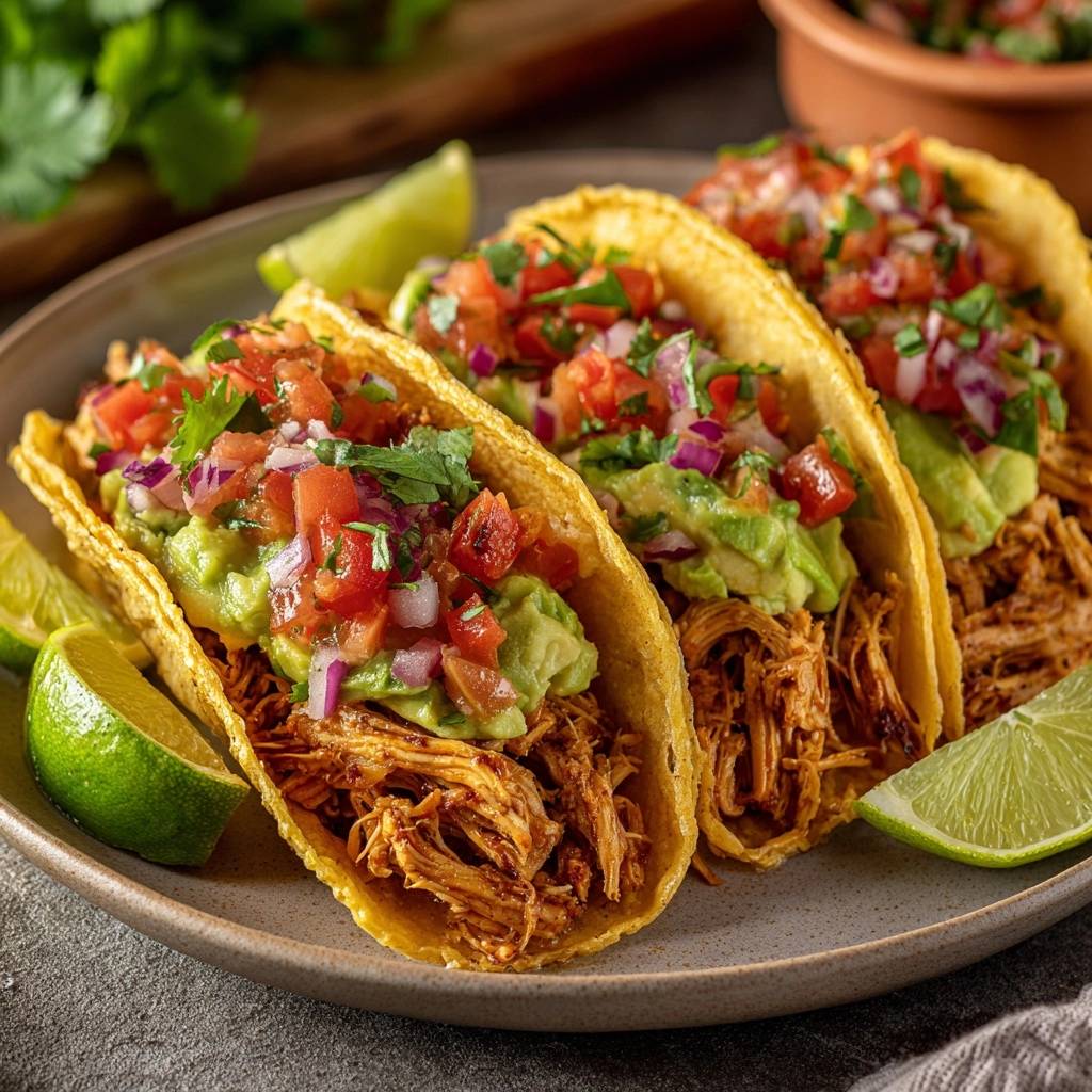 Saftige Pulled Chicken Tacos mit Guacamole und Pico de Gallo, nahaufnahme auf einem Teller mit Limettenspalten serviert.