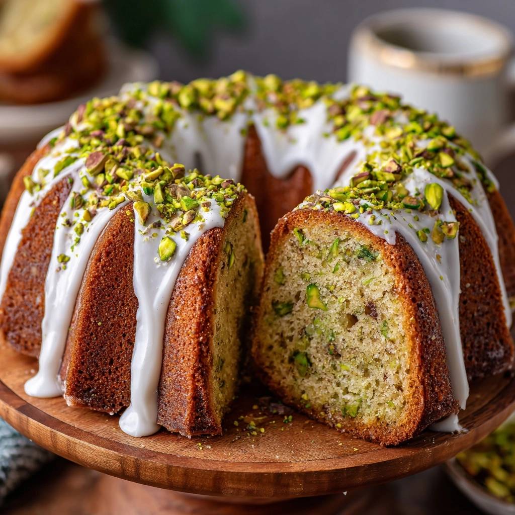 Saftiger Pistazien-Bundt-Kuchen angeschnitten mit weißer Glasur und gehackten Pistazien, detailreiche Nahaufnahme des Kuchens.