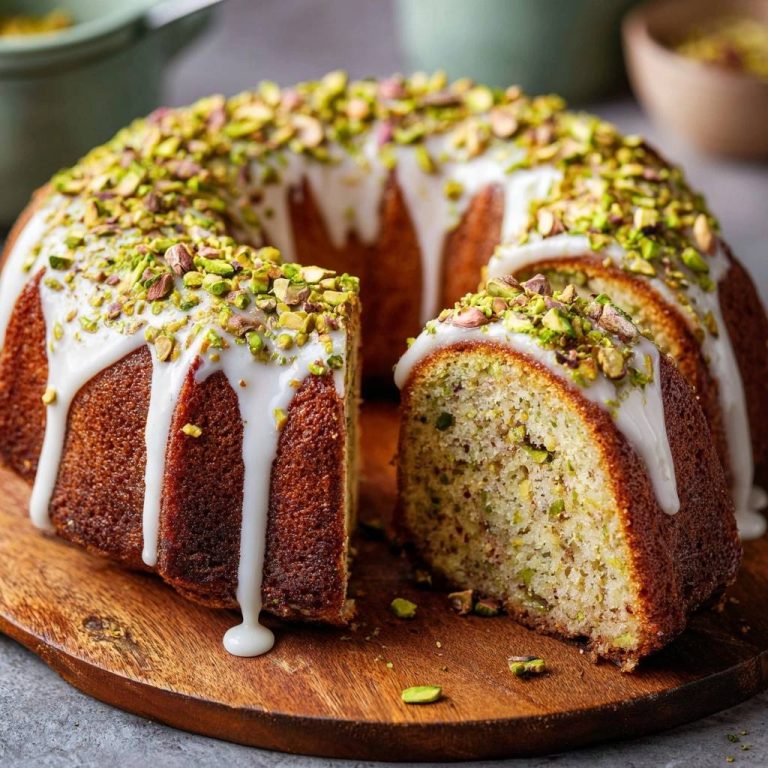 Saftiger Pistazien-Bundkuchen angeschnitten auf einem Holzbrett mit Zuckerguss und gehackten Pistazien.