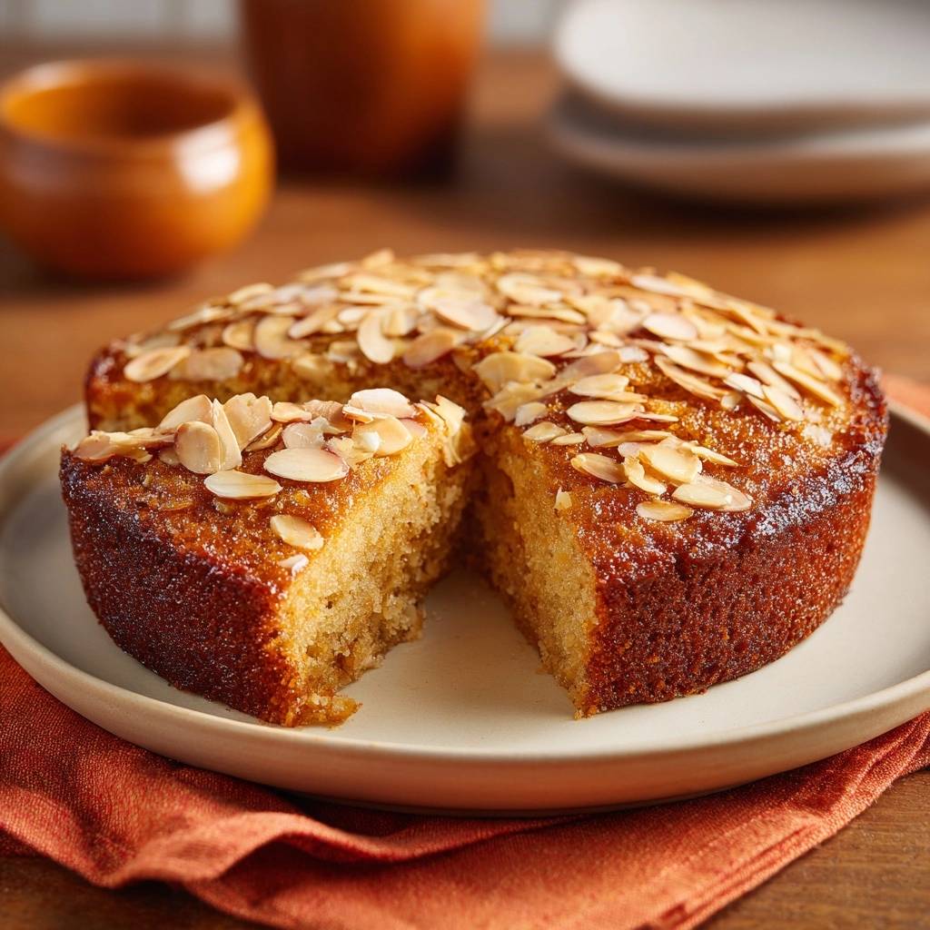 Saftiger Orangen-Mandelkuchen angeschnitten auf einem Teller, mit gesplitterten Mandeln garniert und einem Stück herausgeschnitten.