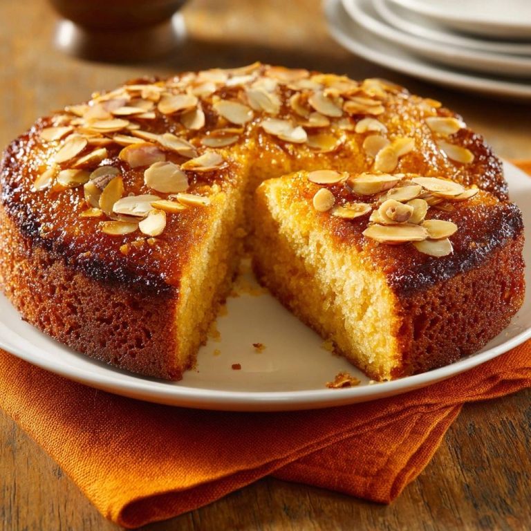 Saftiger Orangen-Mandelkuchen angeschnitten, zeigt die feuchte Krume und Mandel-Garnitur auf einem Teller.