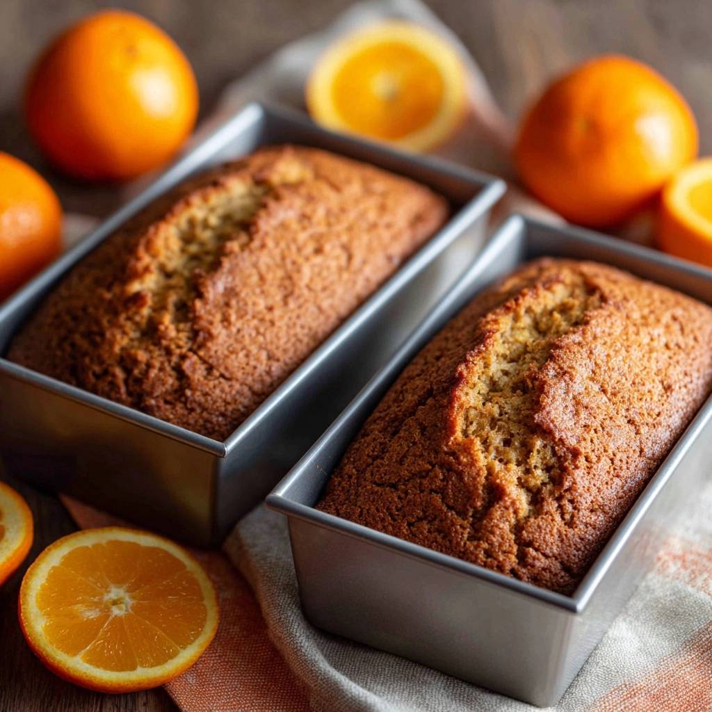 Saftiger Orangenkuchen frisch aus den Kastenformen gebacken, mit ganzen und angeschnittenen Orangen im Hintergrund.
