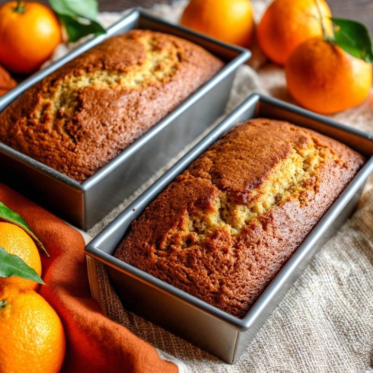 Saftiger Orangenkuchen: Zwei frisch gebackene Laibe in Kastenformen, daneben frische Orangen.