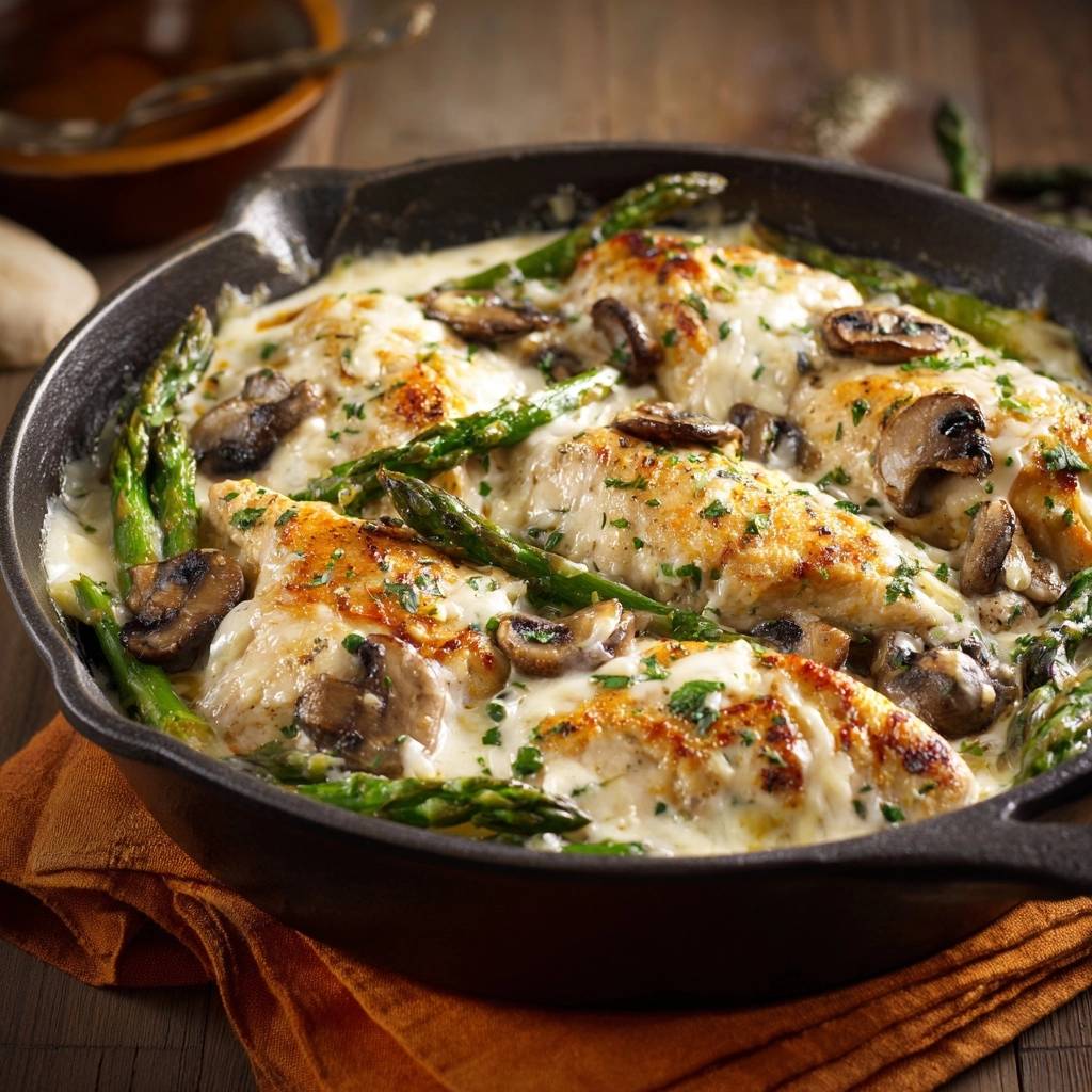 Saftiges Hähnchen mit Spargel und Pilzen in Cremesoße, Nahaufnahme in einer gusseisernen Kasserolle serviert.