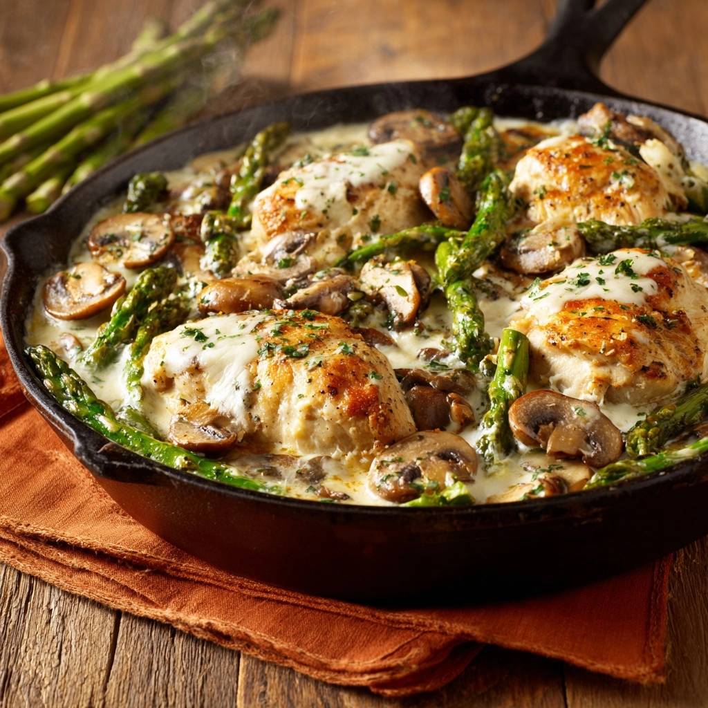 Saftiges Hähnchen mit Spargel und Pilzen in Cremesoße, serviert dampfend heiß in einem Gusseisen-Schmortopf auf rustikalem Holztisch.