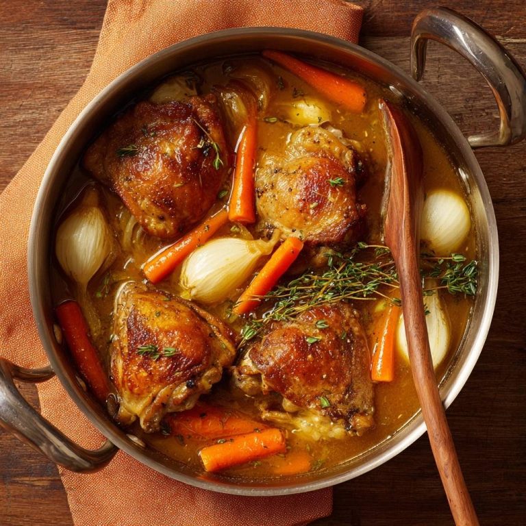 Saftiges Hähnchen mit Karotten und Perlzwiebeln als Nahaufnahme in einem Dutch Oven mit Holzlöffel.