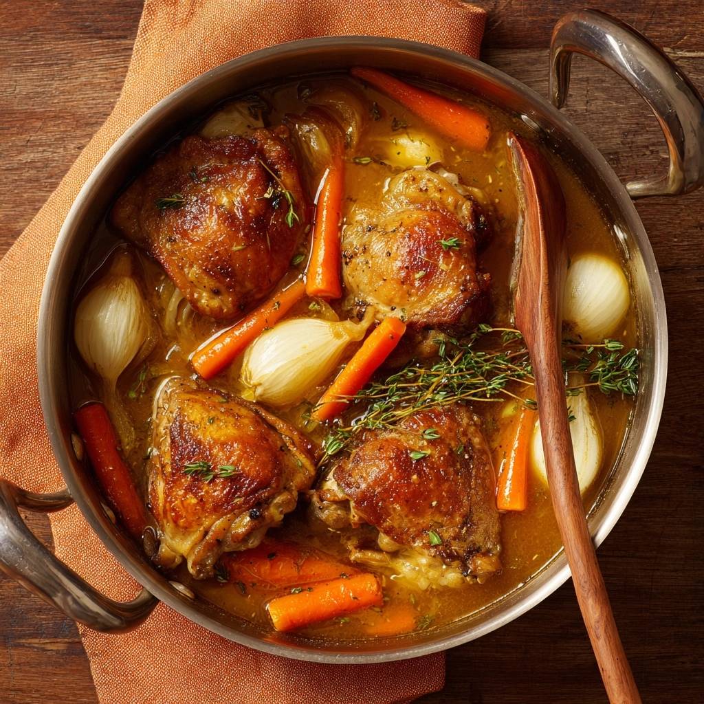 Saftiges Hähnchen mit Karotten und Perlzwiebeln als Nahaufnahme in einem Dutch Oven mit Holzlöffel.