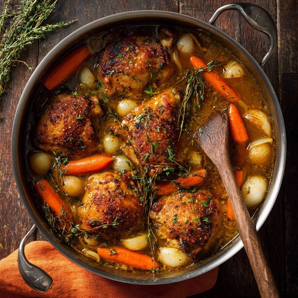 Saftiges Hähnchen mit Karotten und Perlzwiebeln, eine köstliche Mahlzeit in einem Topf von oben fotografiert.