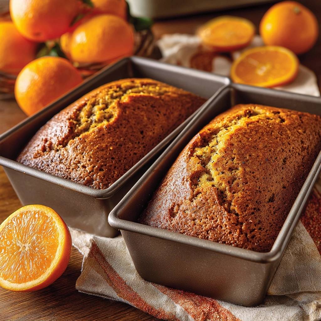 Saftiges Orangenbrot in zwei Metallformen, frisch gebacken und goldbraun, mit orangen Scheiben daneben.