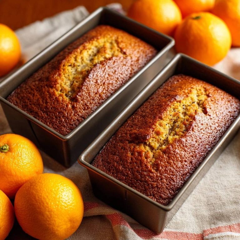 Saftiges Orangenbrot in zwei Metallformen, frisch gebacken mit detailreicher Kruste und sichtbaren Mohnsamen.