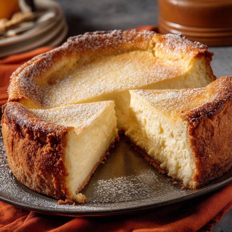Sahniger New York Cheesecake angeschnitten mit Puderzucker bestäubt und einer Scheibe herausgenommen