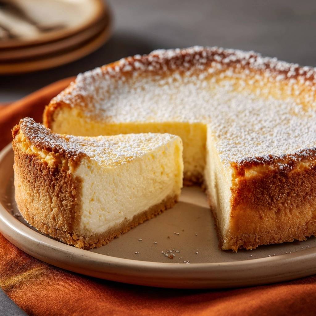 Sahniger New York Cheesecake angeschnitten mit Puderzucker bestäubt, zeigt eine cremige Textur und knusprigen Boden.