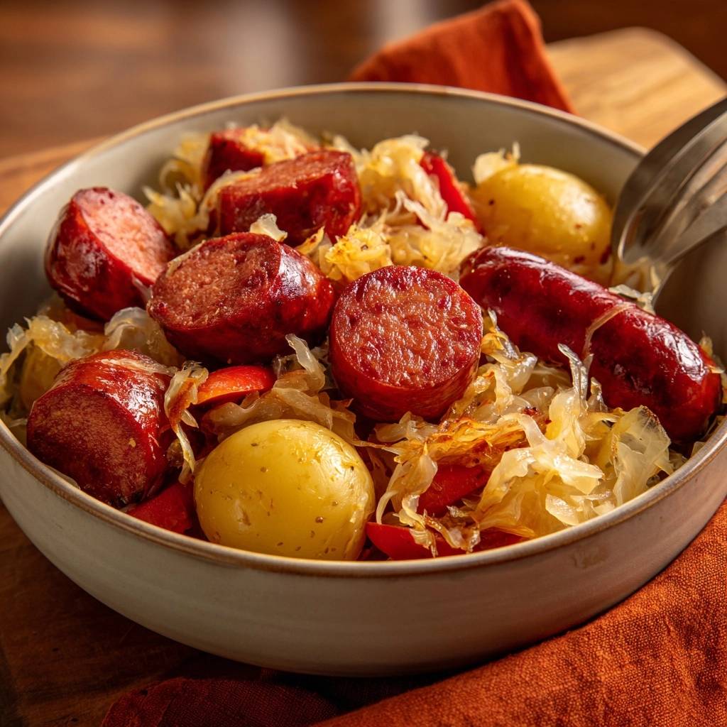 Sauerkraut mit Kartoffeln und Paprikawurst, eine Nahaufnahme der geschnittenen Wurst und Kartoffeln im gefüllten Teller.