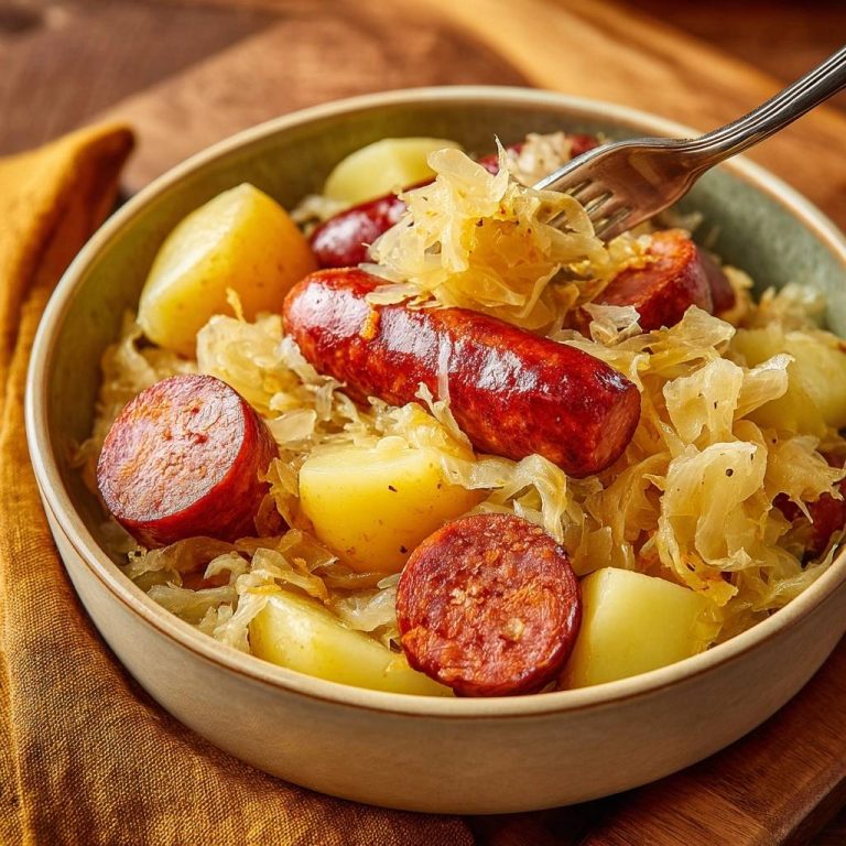 Sauerkraut mit Kartoffeln und Paprikawurst als Nahaufnahme in einer Schüssel, mit einer Gabel darin.