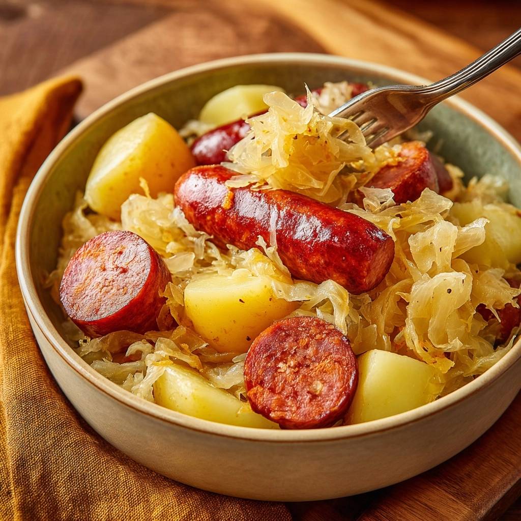 Sauerkraut mit Kartoffeln und Paprikawurst als Nahaufnahme in einer Schüssel, mit einer Gabel darin.