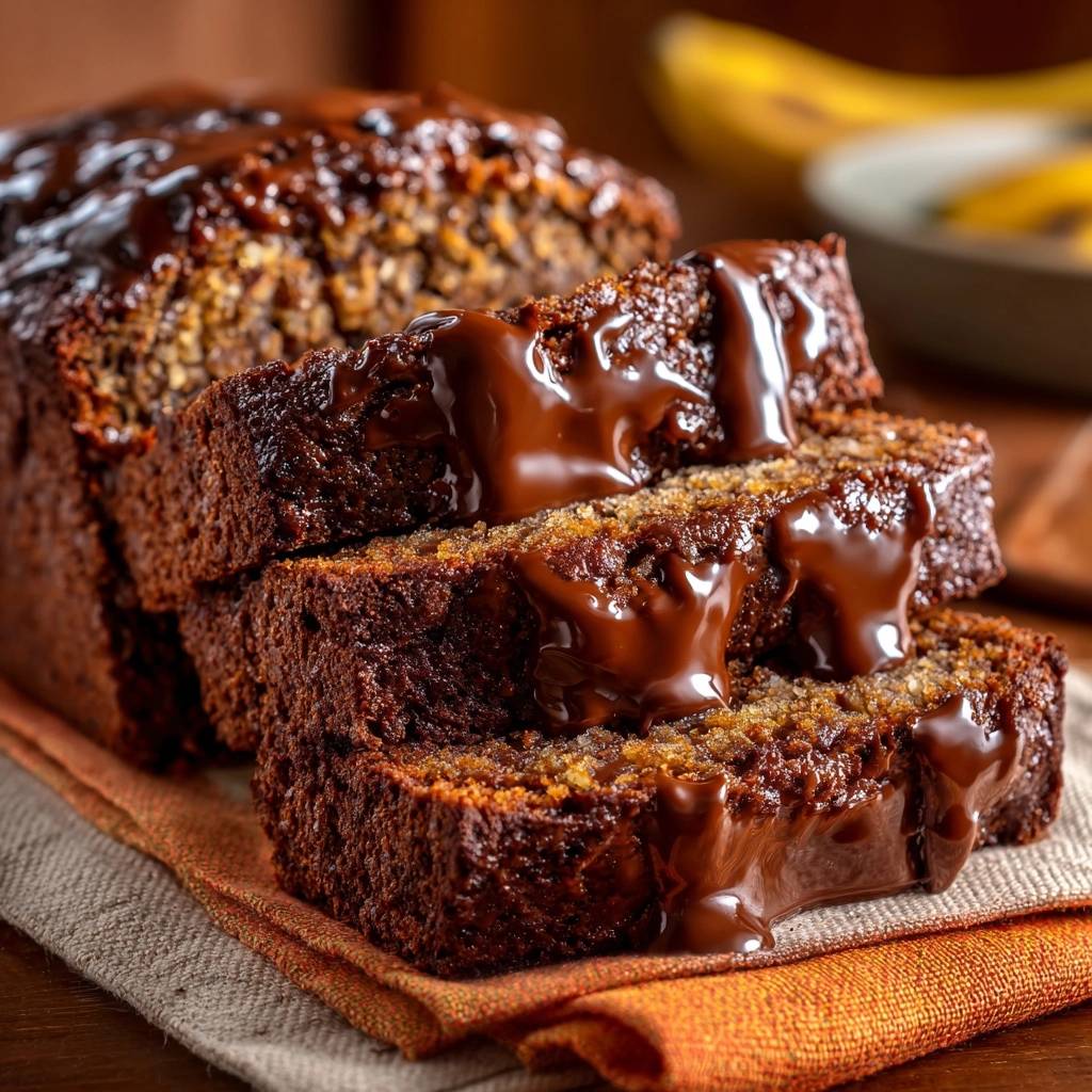 Schoko-Bananen-Nuss-Brot, angeschnitten und mit glänzender Schokoladenglasur übergossen, zeigt die saftige Krume.