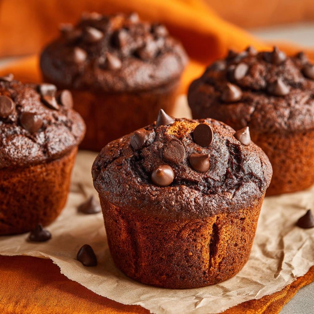 Saftige Schoko-Chip-Muffins mit vielen Schokostückchen, hier in einer detaillierten Nahaufnahme auf Backpapier präsentiert.