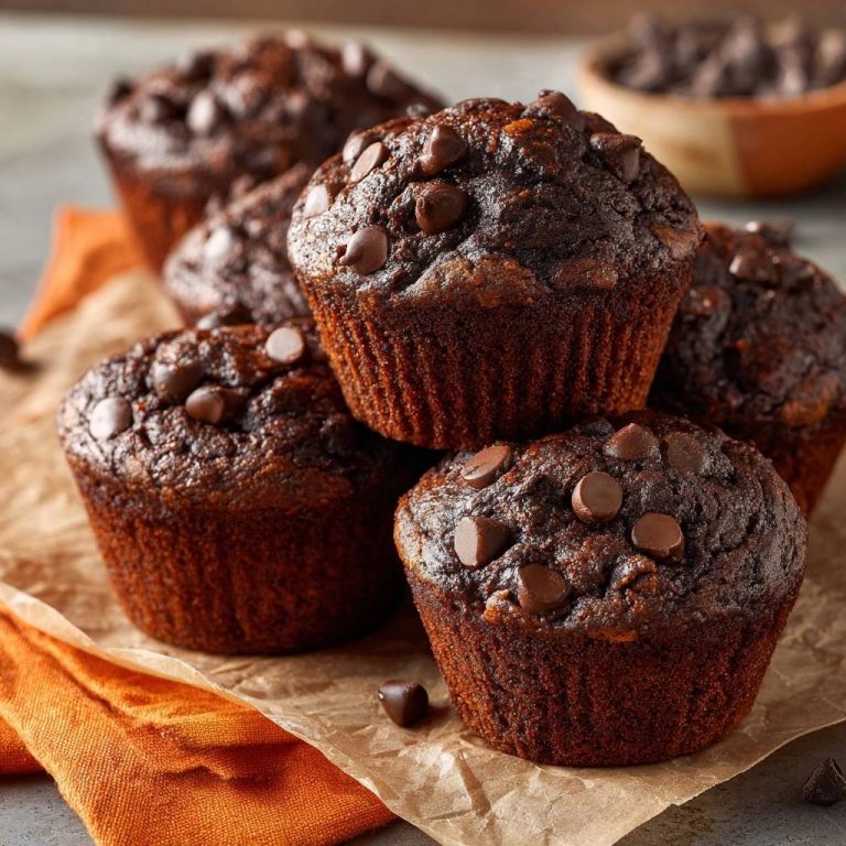 Saftige Schoko-Chip-Muffins, gestapelt und mit vielen Schokoladenstückchen garniert, die frisch gebacken aussehen.