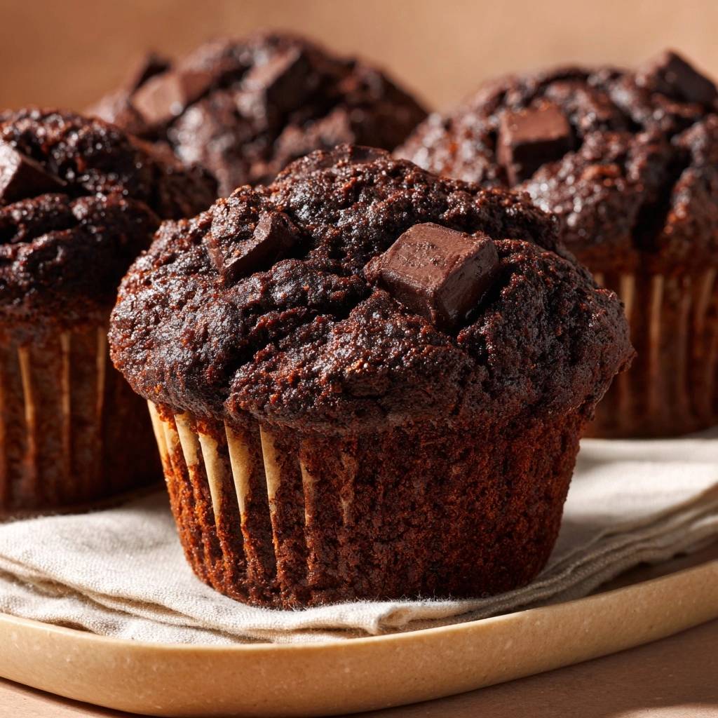 Schoko-Chunk-Muffins mit vielen Schokostückchen auf einem Teller, nahaufnahme der Oberfläche und des Randes.