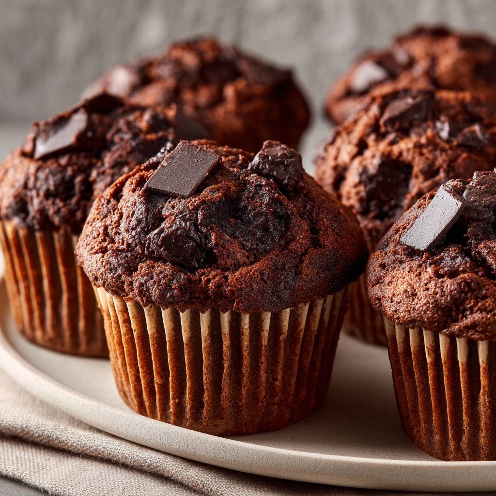 Schoko-Chunk-Muffins mit vielen sichtbaren Schokostücken, nahaufnahme auf einem Teller