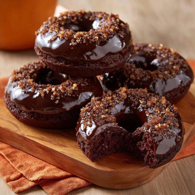 Schoko-Donuts mit Glasur & Zuckertopping, angeschnitten auf einem Holzbrett, innen fluffig und braun