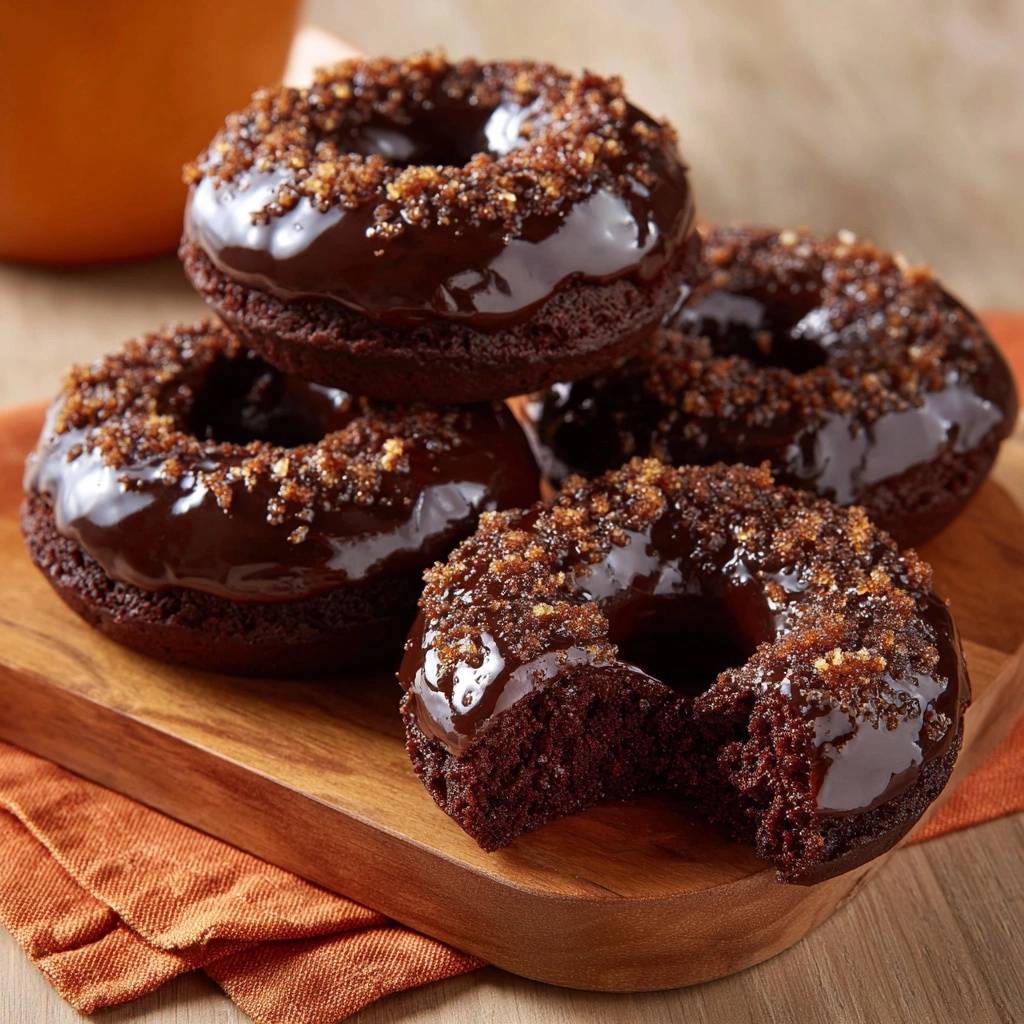 Schoko-Donuts mit Glasur & Zuckertopping, angeschnitten auf einem Holzbrett, innen fluffig und braun