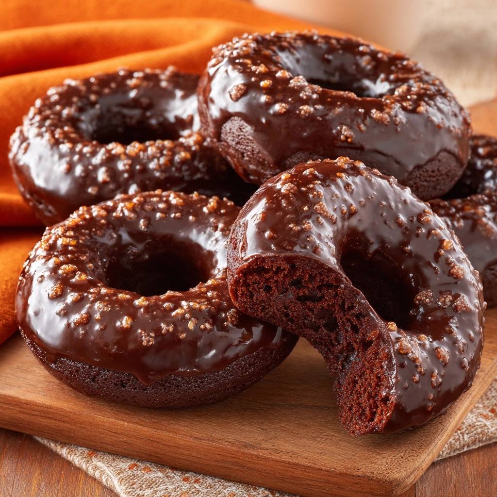 Schoko-Donuts mit Glasur & Zuckertopping, angeschnitten, zeigen das fluffige Innere und die glänzende Schokoladenglasur.