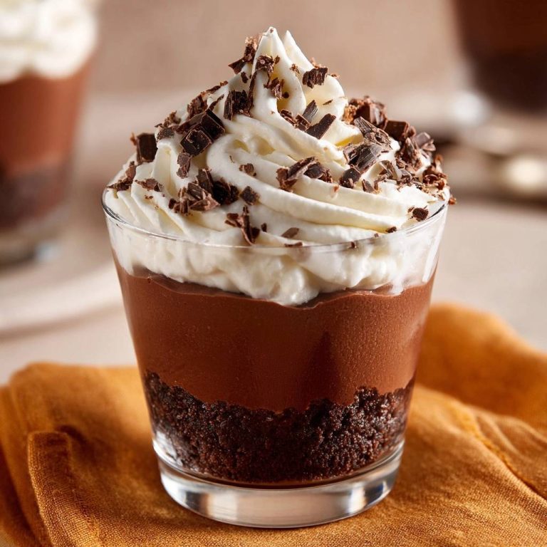 Schoko-Mousse im Glas, eine einzelne Portion garniert mit Schlagsahne und Schokostückchen, auf einem orangefarbenen Tuch serviert.