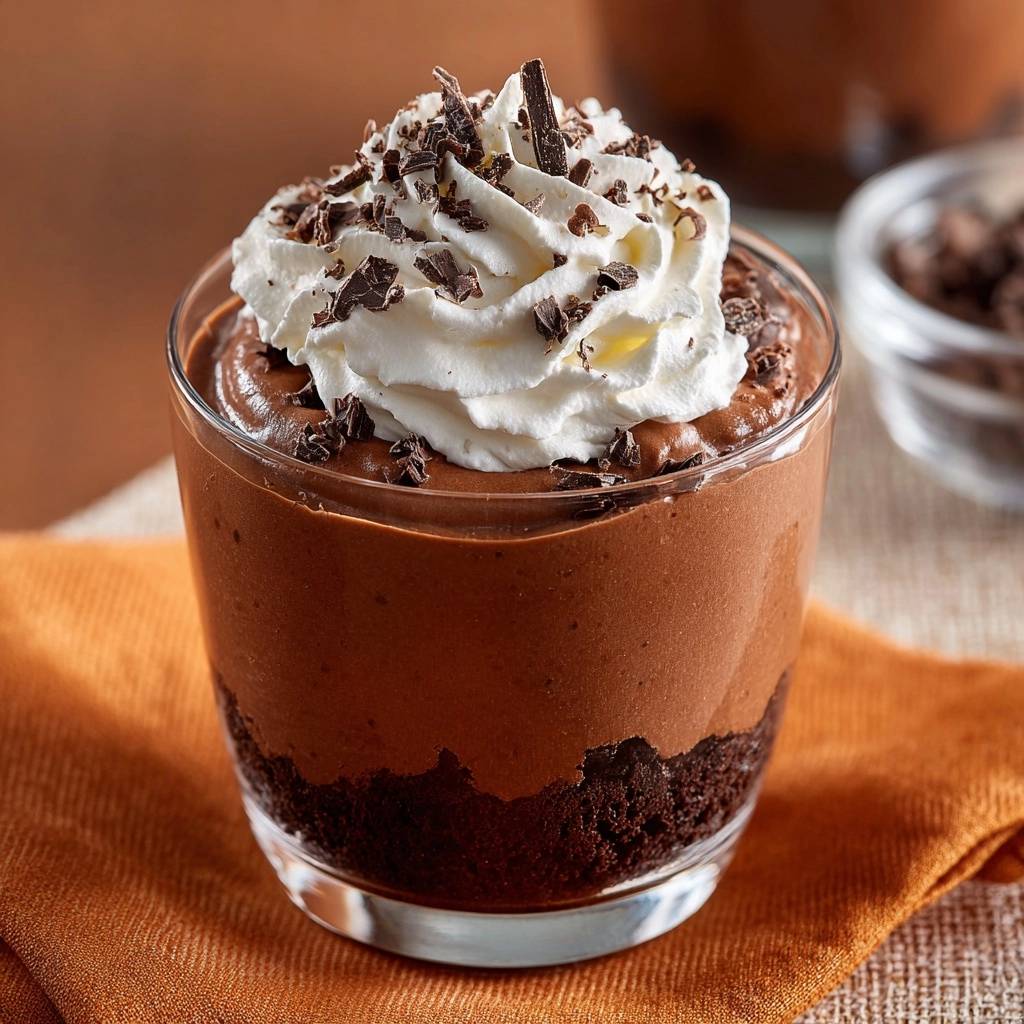 Schoko-Mousse im Glas, garniert mit einer großzügigen Haube Schlagsahne und Schokostreuseln.
