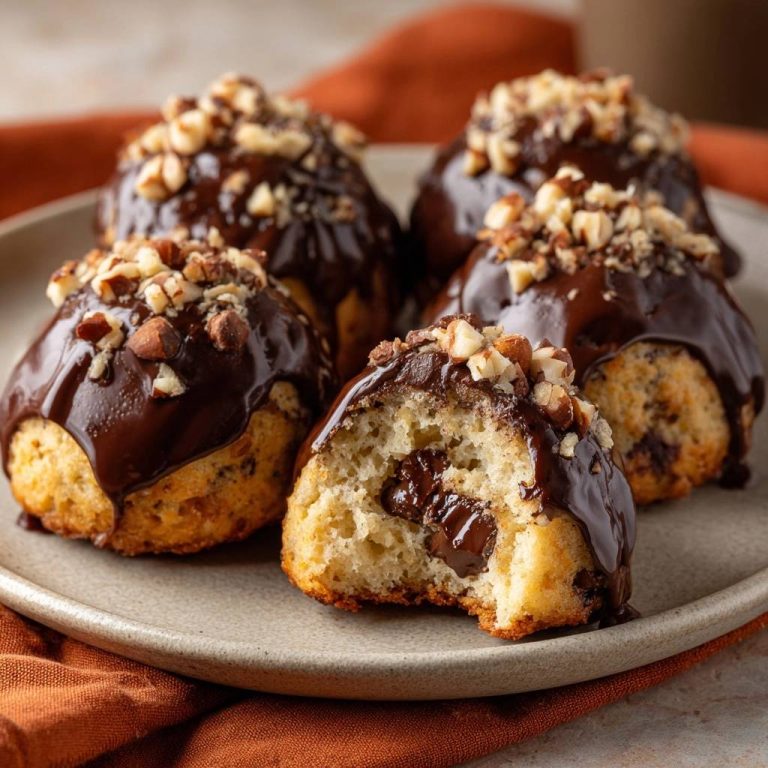 Himmlische Schoko-Nuss-Bällchen angeschnitten, die reichlich geschmolzene Schokolade im Inneren offenbaren.