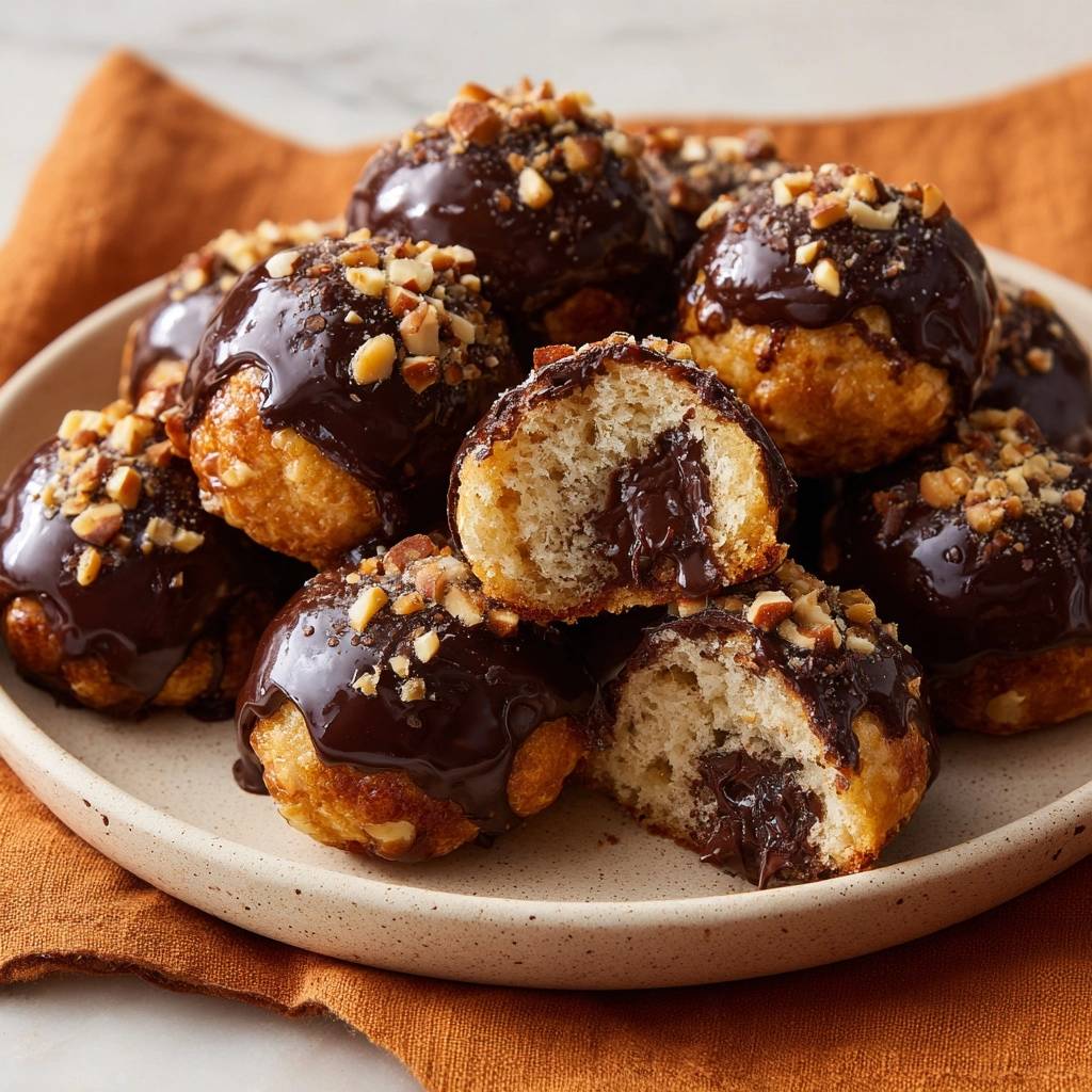 Himmlische Schoko-Nuss-Bällchen angeschnitten, die fluffige Teigbällchen mit cremiger Schokoladenfüllung und gehackten Nüssen zeigen.