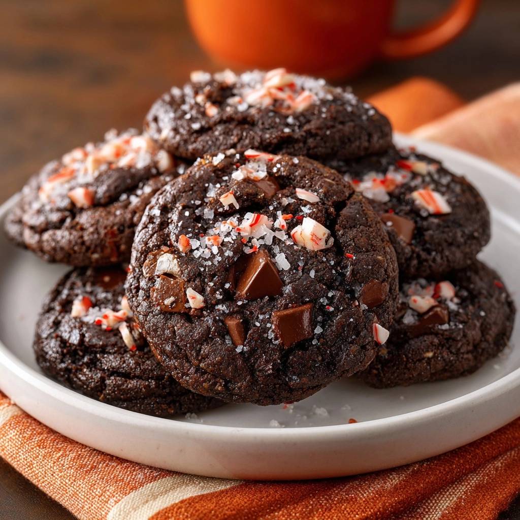 Schoko-Pfefferminz-Cookies mit Meersalz, garniert mit gehackter Pfefferminze und Schokoladenstückchen auf einem Teller