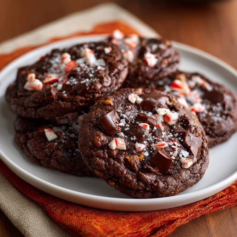 Schoko-Pfefferminz-Cookies mit Meersalz, garniert mit gehackter Schokolade und zerstoßenen Pfefferminzbonbons, auf einem Teller.
