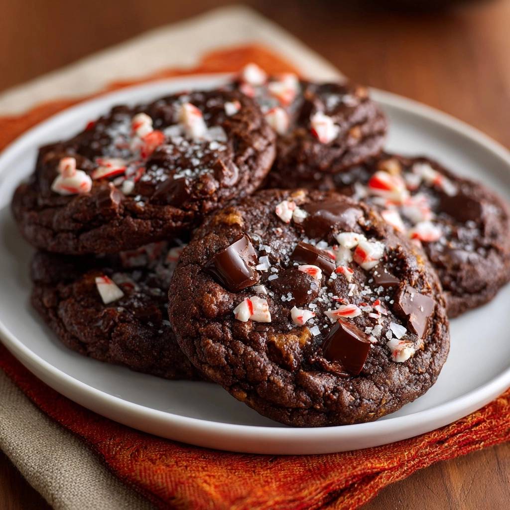 Schoko-Pfefferminz-Cookies mit Meersalz, garniert mit gehackter Schokolade und zerstoßenen Pfefferminzbonbons, auf einem Teller.