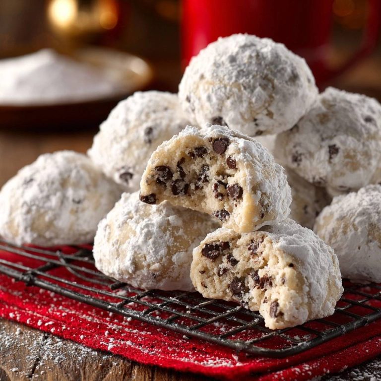 Schoko-Schneebällchen angeschnitten, die innen mit Schokoladenstückchen und Puderzucker bedeckt sind und auf einem Gitter liegen.