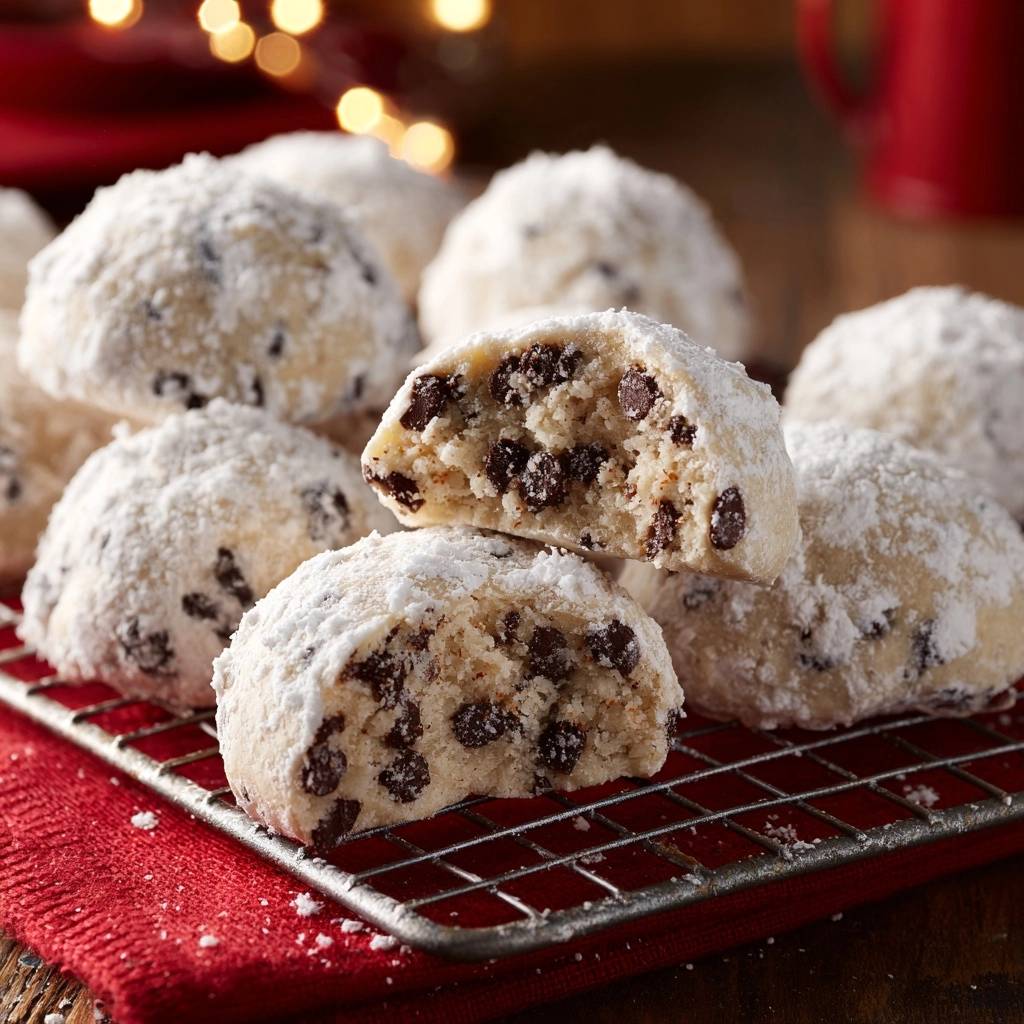 Schoko-Schneebällchen angeschnitten, die innen mit vielen Schokostückchen und Puderzucker bestäubt sind.