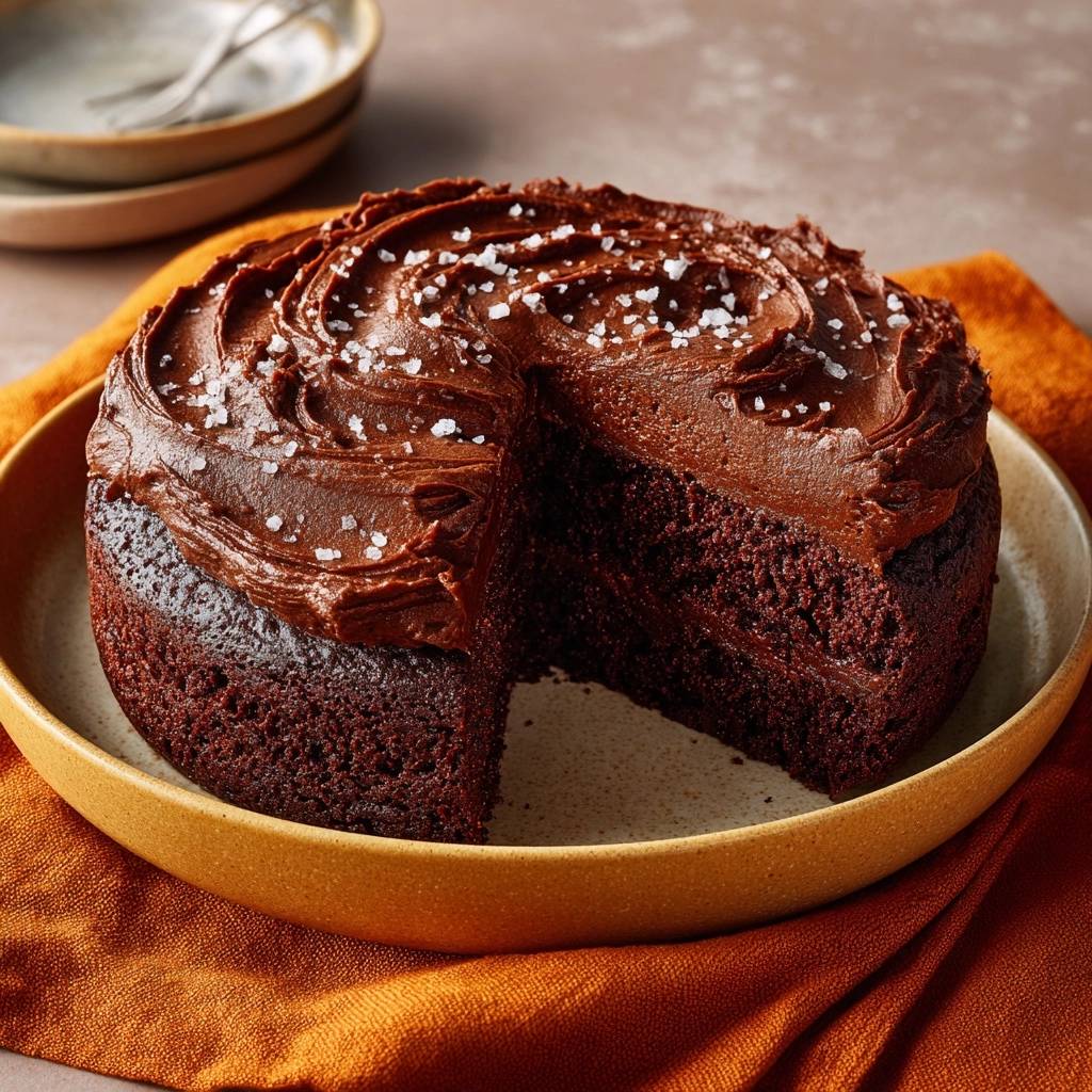 Schokoladenkuchen mit Meersalz-Frosting, angeschnitten und auf einem Teller serviert, mit dem saftigen Inneren sichtbar.
