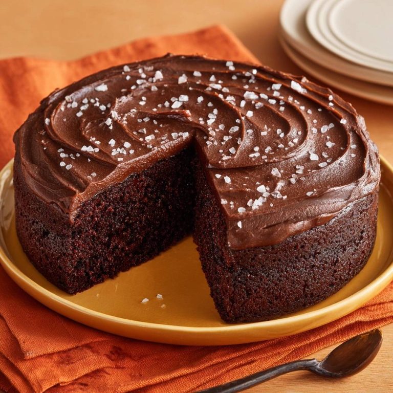 Schokoladenkuchen mit Meersalz-Frosting angeschnitten auf einem gelben Teller, mit saftigem Inneren und dekoriert mit grobem Meersalz.