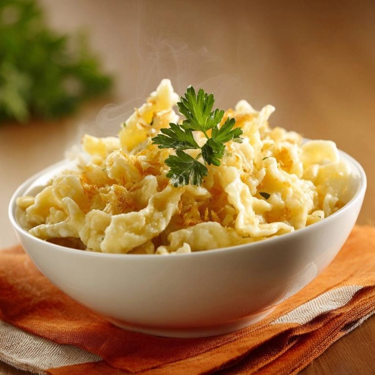 Schwäbische Käsespätzle mit knuspriger Käsekruste, dampfend serviert in einer weißen Schüssel auf einem orangefarbenen Tuch.