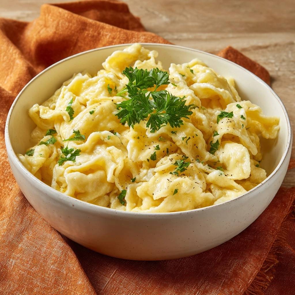 Schwäbische Käsespätzle mit knuspriger Käsekruste, garniert mit frischen Kräutern und Pfeffer serviert in einer Schüssel.