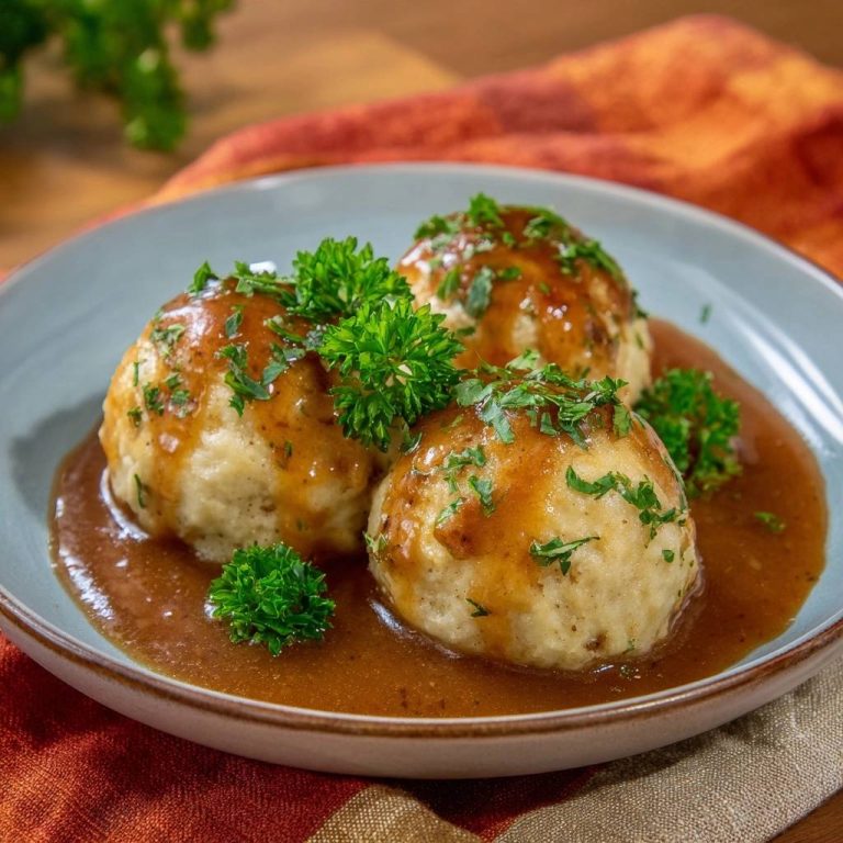Semmelknödel in Bratensoße, serviert auf einem Teller und garniert mit frischen Kräutern und Petersilie.