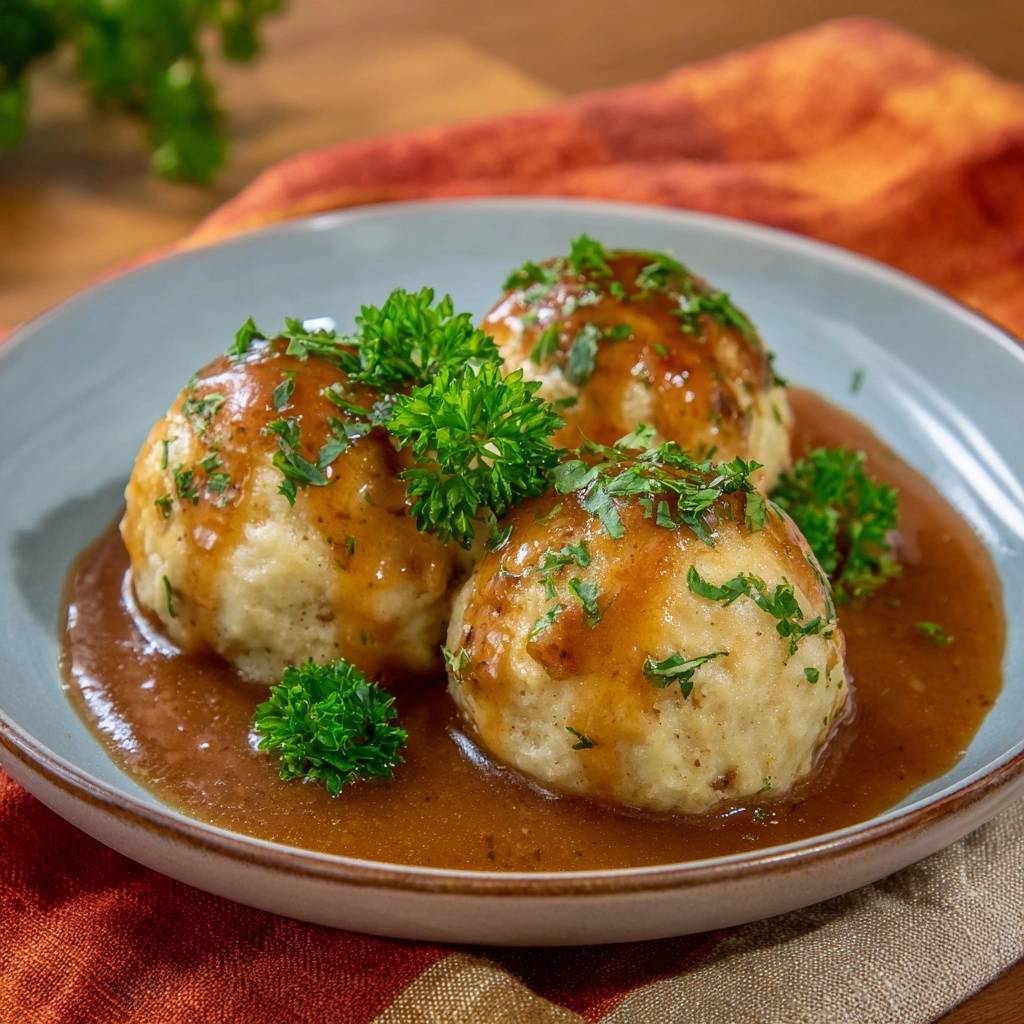 Semmelknödel in Bratensoße, serviert auf einem Teller und garniert mit frischen Kräutern und Petersilie.