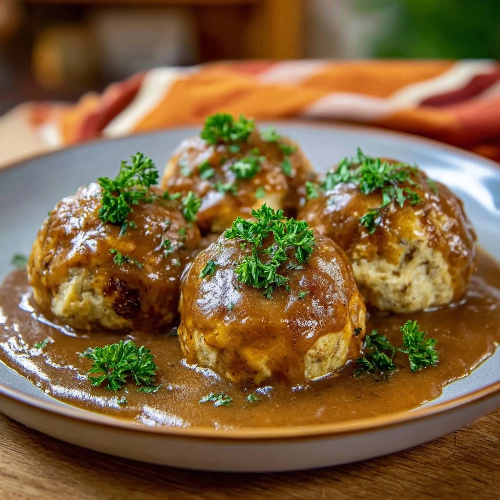 Semmelknödel in Bratensoße, vier perfekt geformte Klöße mit frischer Petersilie garniert in einer herzhaften Soße serviert.