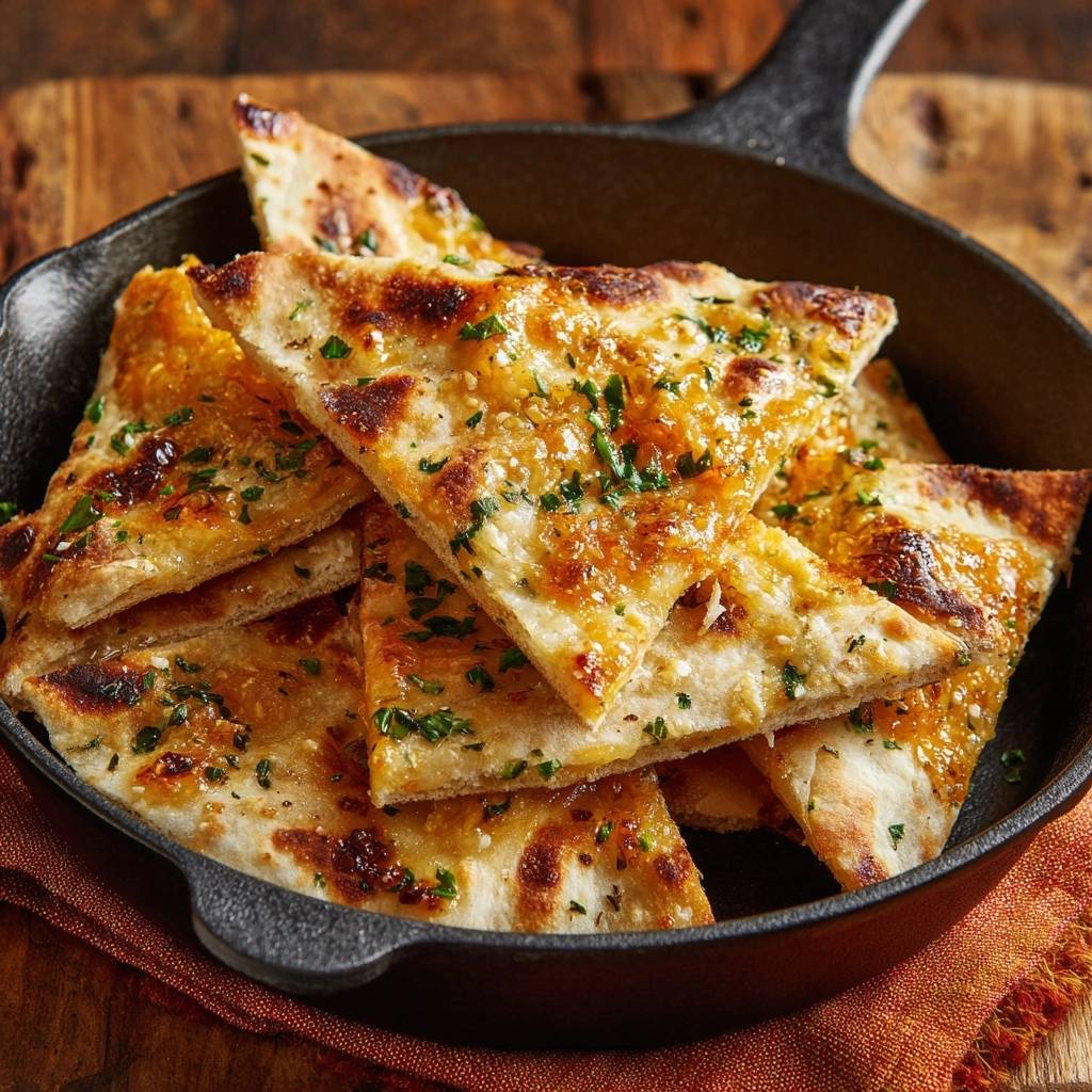 Knuspriges Skillet-Knoblauchkäse-Brot im Gusseisen serviert, mit gehackter Petersilie garniert und goldbraun gebacken.