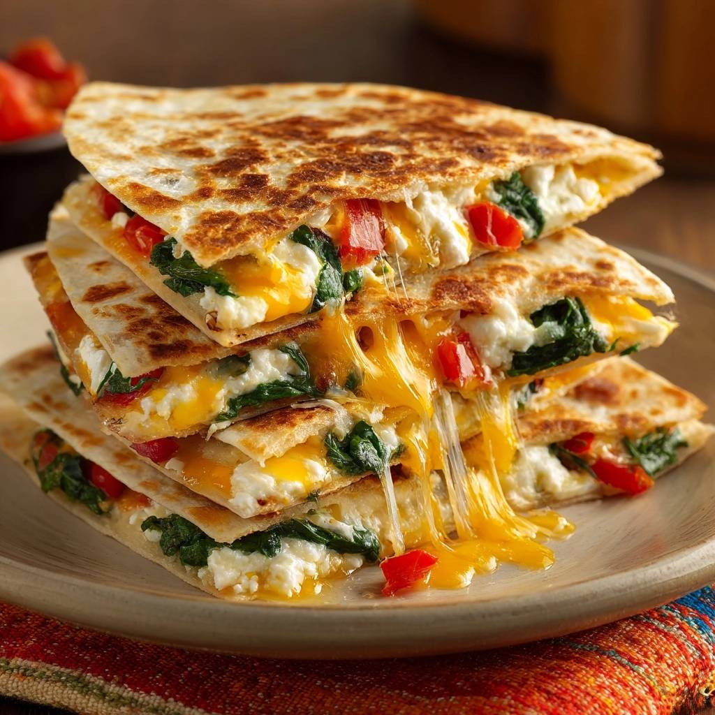 Knusprige Spinat-Feta-Quesadillas mit geschmolzenem Käse, der sich zwischen den einzelnen Schichten herauszieht.