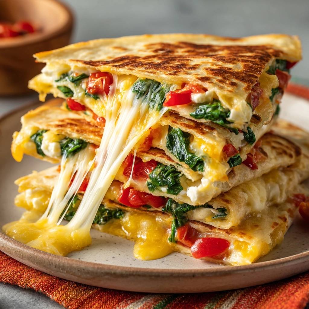 Knusprige Spinat-Feta-Quesadillas, die mit ihrem geschmolzenen Käse und dem roten Tomatenfüllung im Anschnitt herausquellen.